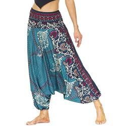Nuofengkudu Damen Pumphose Aladin Thai Haremshose Hippie Bunt Muster Baggy Leichte Indische Yoga Hosen Hip Hop Sommer Strandhose X-Blau Jahrgang Einheitsgröße von Nuofengkudu