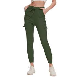 Nuofengkudu Damen Skinny Cargo Hose Cuffed Leggings 4 Taschen Tunnelzug High Waist Buendchen Jogginghose Slim Fit Slip-On Stretch Cargohose Teenager Mädchen Gothic Hosen Joggpants Armee Grün Größe 35 von Nuofengkudu