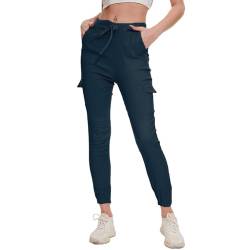 Nuofengkudu Damen Skinny Cargo Hose Cuffed Leggings 4 Taschen Tunnelzug High Waist Buendchen Jogginghose Slim Fit Slip-On Stretch Cargohose Teenager Mädchen Gothic Hosen Joggpants Marineblau Größe 33 von Nuofengkudu