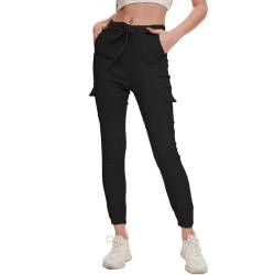 Nuofengkudu Damen Skinny Cargo Hose Cuffed Leggings 4 Taschen Tunnelzug High Waist Buendchen Jogginghose Slim Fit Slip-On Stretch Cargohose Teenager Mädchen Gothic Hosen Joggpants Schwarz Größe 33 von Nuofengkudu