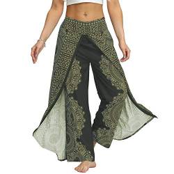 Nuofengkudu Damen Sommerhose Hippie Lange Hosen mit Schlitz Lockere Weites Bein Palazzo Bunt Flowy Yogahose Luftige Elegant Leicht Freizeit Sommer Strand Urlaub(Grün Blume,Größe M,Etikett S/M) von Nuofengkudu