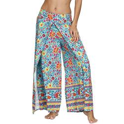 Nuofengkudu Damen Sommerhose Hippie Lange Hosen mit Schlitz Lockere Weites Bein Palazzo Bunt Flowy Yogahose Luftige Elegant Leicht Freizeit Sommer Strand Urlaub(Grün Floral,Größe XL,Etikett L/XL) von Nuofengkudu