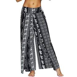 Nuofengkudu Damen Sommerhose Hippie Lange Hosen mit Schlitz Lockere Weites Bein Palazzo Bunt Flowy Yogahose Luftige Elegant Leicht Freizeit Sommer Strand Urlaub(Schwarz Elefant,Größe XL,Etikett L/XL) von Nuofengkudu