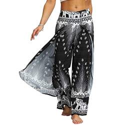 Nuofengkudu Damen Sommerhose Hippie Lange Hosen mit Schlitz Lockere Weites Bein Palazzo Bunt Flowy Yogahose Luftige Elegant Leicht Freizeit Sommer Strand Urlaub(Schwarz Pfau B,Größe XL,Etikett L/XL) von Nuofengkudu