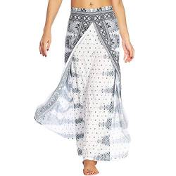 Nuofengkudu Damen Sommerhose Hippie Lange Hosen mit Schlitz Lockere Weites Bein Palazzo Bunt Flowy Yogahose Luftige Elegant Leicht Freizeit Sommer Strand Urlaub(Weiß Ethnisch,Größe M,Etikett S/M) von Nuofengkudu