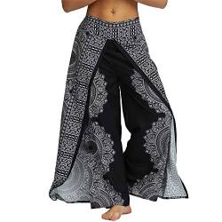 Nuofengkudu Damen Sommerhose Hippie Lange Hosen mit Schlitz Lockere Weites Bein Palazzo Bunt Flowy Yogahose Luftige Leicht Freizeit Sommer Strand Urlaub(Schwarz Floral A,Größe XL,Etikett L/XL) von Nuofengkudu