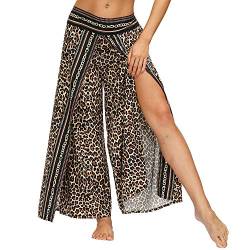 Nuofengkudu Damen Sommerhose Hippie Lange Hosen mit Schlitz Lockere Weites Bein Palazzo Bunt Flowy Yogahose Luftige Leicht Freizeit Sommer Strand Urlaub(W-Braun Leopard,Größe XL,Etikett L/XL) von Nuofengkudu