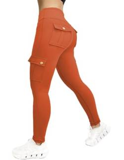 Nuofengkudu Damen Sport Cargo Leggings mit Taschen High Waist Stretch Cargohose Eng Hosen Push up Sportleggins Stretch Jeggings Gym Fitness Outdoor Workout Sporthose Y-Orange Rot M von Nuofengkudu