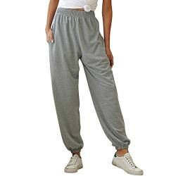 Nuofengkudu Damen Sporthose Laufhosen Jogginghose Gummibund Sweathose mit Taschen Trainingshose Stoffhose High Waist Hosen Bequeme Lockere Lässige Freizeithose Loungewear Outdoor(Dünn-Grau,L) von Nuofengkudu