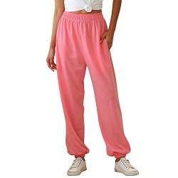 Nuofengkudu Damen Sporthose Laufhosen Jogginghose Gummibund Sweathose mit Taschen Trainingshose Stoffhose High Waist Hosen Bequeme Lockere Lässige Freizeithose Loungewear Outdoor(Dünn-Rosa,M) von Nuofengkudu