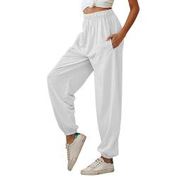 Nuofengkudu Damen Sporthose Laufhosen Jogginghose Gummibund Sweathose mit Taschen Trainingshose Stoffhose High Waist Hosen Bequeme Lockere Lässige Freizeithose Loungewear Outdoor(Dünn-Weiß,S) von Nuofengkudu