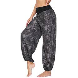 Nuofengkudu Damen Thai Hippie Hosen Haremshosen Baggy Yogahosen Leichte Boho Print Pluderhose High Waist Pumphose Sommer Strand(Schwarz E,M) von Nuofengkudu