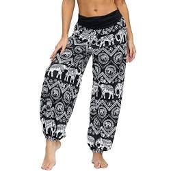 Nuofengkudu Damen Thai Hippie Hosen Haremshosen Baggy Yogahosen Leichte Boho Print Pluderhose High Waist Pumphose Sommer Strand(W-Schwarz Elefant B,M) von Nuofengkudu