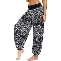 Nuofengkudu Damen Thai Hippie Hosen Haremshosen Baggy Yogahosen Leichte Boho Print Pluderhose High Waist Strandhose Freizeithose(W-Schwarz Blume,XL) von Nuofengkudu