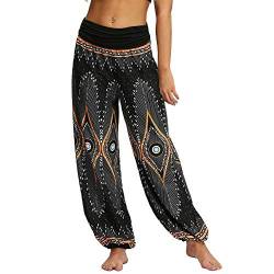 Nuofengkudu Damen Thai Hippie Hosen Haremshosen Boho Print Strandhose Baggy Yogahosen Leichte Pluderhose High Waist Pumphose (Schwarz Pfau,L) von Nuofengkudu