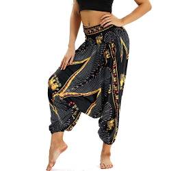 Nuofengkudu Damen Thai Hippie Pumphose Haremshose Aladinhose Gemustert Niedriger Schritt Leicht Luftig Sommerhose Schwarz Gelb Elefant von Nuofengkudu