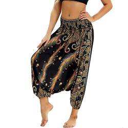 Nuofengkudu Damen Thai Hippie Pumphose Haremshose Aladinhose Gemustert Niedriger Schritt Leicht Luftig Yogahose Sommerhose Gold Pfau von Nuofengkudu