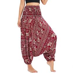 Nuofengkudu Damen Tiefer Schritt Hippie Haremshose Baggy Bunte Harem Jumpsuit Viskose Hose Leicht Dünn Luftig Wahrsagerin Kostüm Hosen Sommerhose Yogahose Haushose Einheitsgröße 1 Elefant Rot von Nuofengkudu