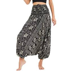 Nuofengkudu Damen Tiefer Schritt Hippie Haremshose Baggy Bunte Harem Jumpsuit Viskose Hose Leicht Dünn Luftig Wahrsagerin Kostüm Hosen Sommerhose Yogahose Haushose Einheitsgröße 1 Elefant Schwarz von Nuofengkudu