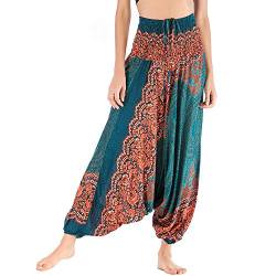 Nuofengkudu Damen Tiefer Schritt Hippie Haremshose Baggy Bunte Harem Jumpsuit Viskose Hose Leicht Dünn Luftig Wahrsagerin Kostüm Hosen Sommerhose Yogahose Haushose Einheitsgröße Grün Ethnisch von Nuofengkudu