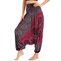 Nuofengkudu Damen Tiefer Schritt Hippie Haremshose Baggy Bunte Harem Jumpsuit Viskose Hose Leicht Dünn Luftig Wahrsagerin Kostüm Hosen Sommerhose Yogahose Haushose Einheitsgröße Kompass WeinRot von Nuofengkudu