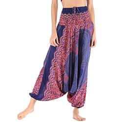 Nuofengkudu Damen Tiefer Schritt Hippie Haremshose Baggy Bunte Harem Jumpsuit Viskose Hose Leicht Dünn Luftig Wahrsagerin Kostüm Hosen Sommerhose Yogahose Haushose Einheitsgröße Marineblau Ethnisch von Nuofengkudu