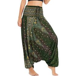 Nuofengkudu Damen Tiefer Schritt Hippie Haremshose Baggy Bunte Harem Jumpsuit Viskose Hose Leicht Dünn Luftig Wahrsagerin Kostüm Hosen Sommerhose Yogahose Haushose Einheitsgröße N Pfau Dunkelgrün von Nuofengkudu