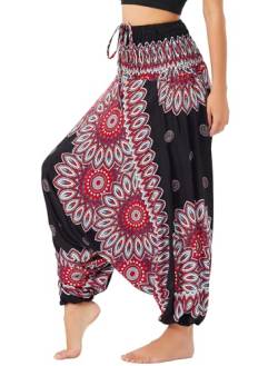 Nuofengkudu Damen Tiefer Schritt Hippie Haremshose Baggy Bunte Harem Jumpsuit Viskose Hose Leicht Dünn Luftig Wahrsagerin Kostüm Hosen Sommerhose Yogahose Haushose Einheitsgröße TY Blume Schwarz von Nuofengkudu