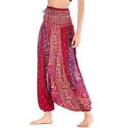 Nuofengkudu Damen Tiefer Schritt Hippie Haremshose Baggy Bunte Harem Jumpsuit Viskose Hose Leicht Dünn Luftig Wahrsagerin Kostüm Hosen Sommerhose Yogahose Haushose Einheitsgröße Weinrot Pfau von Nuofengkudu