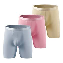 Nuofengkudu Eisseide Boxershorts Herren Retroshorts Langes Bein Unterwäsche Coole Bulge Stretch Männer Unterhosen Bequeme Nahtlos Atmungsaktive Underwear 3er Pack-Rosa/Blau/Aprikose L von Nuofengkudu