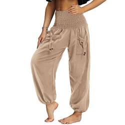 Nuofengkudu Frauen Hippie High Waist Haremshose Leicht Pumphose Harem Hosen Locker Schlicht Baggy Boho Viskose Pluderhose Yoga Pants Sommerhose Freizeithose Pyjamahose Thaihose Homewear Aprikose S von Nuofengkudu