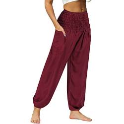 Nuofengkudu Frauen Hippie High Waist Haremshose Leicht Pumphose Harem Hosen Locker Schlicht Baggy Boho Viskose Pluderhose Yoga Pants Sommerhose Freizeithose Pyjamahose Thaihose Homewear Rot S von Nuofengkudu