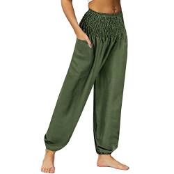 Nuofengkudu Frauen Hippie High Waist Haremshose Leicht Pumphose Harem Hosen Locker Schlicht Baggy Viskose Pluderhose Yogahose Sommerhose Freizeithose Pyjamahose Homewear Dunkelgrün S von Nuofengkudu