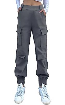 Nuofengkudu Haremshose Cargohose Damen Jogginghose Lockere Stretch High Waist 4 Taschen Cargo Hosen Y2k Jogger Track Pants Joggpants Gothic Vintage Arbeitshose Streetwear Outdoorhose Grau M von Nuofengkudu