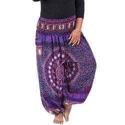 Nuofengkudu Herren Damen Lockere Hippie Hosen Haremshose Große Größen Boho Bbunte Pumphosen Stoffhose Indische Yogahosen Leichte Sommerhose (Violett Floral,One Size) von Nuofengkudu