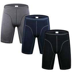 Nuofengkudu Herren Langes Bein Sport Boxershorts Männer Nahtlose Baumwolle Bequeme Unterhosen Bulge Unterwäsche Shorts (3er Pack) Grau/Blau/Schwarz L von Nuofengkudu