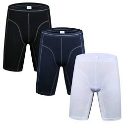 Nuofengkudu Herren Langes Bein Sport Boxershorts Männer Nahtlose Baumwolle Bequeme Unterhosen Bulge Unterwäsche Shorts (3er Pack) Weiß/Blau/Schwarz 3XL von Nuofengkudu