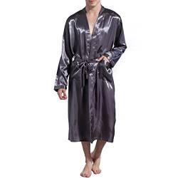 Nuofengkudu Herren Unisex Bademantel Satin Langen Kimono Morgenmantel Leicht Reisebademantel Schlafanzug Reise Saunamantel Hochzeit Geschenk(Grau,XL) von Nuofengkudu