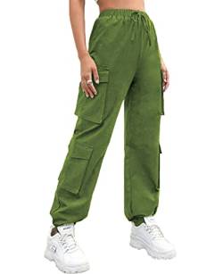 Nuofengkudu Petite Damen Cargo Stretch Harem Hosen Teenager Jugendlich Mädchen Haremshose mit Taschen Gummizug High Waist Knöchellang Jogginghose Jogger Freizeithose Outdoor Mode Casual Grün L von Nuofengkudu