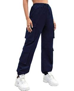 Nuofengkudu Petite Damen Cargo Stretch Harem Hosen Teenager Jugendlich Mädchen Haremshose mit Taschen Gummizug High Waist Knöchellang Jogginghose Jogger Freizeithose Outdoor Mode Casual Marineblau M von Nuofengkudu