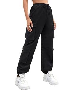 Nuofengkudu Petite Damen Cargo Stretch Harem Hosen Teenager Jugendlich Mädchen Haremshose mit Taschen Gummizug High Waist Knöchellang Jogginghose Jogger Freizeithose Outdoor Mode Casual Schwarz M von Nuofengkudu