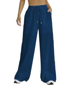 Nuofengkudu Sommer Weite Hose Damen Sommerhose Leichte Taschen Kordelzug Gummizug Lockere Elegant Lang Yogahose High Waist Freizeithose Bequeme Luftig Schlupfhose Palazzo Relaxhose Navy Blau XL von Nuofengkudu