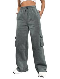 Nuofengkudu Warme Weite Jogginghose Damen Baggy Thermo Gummizug Taschen Gefütterte Fleece Jogger Hosen Sweathose Frauen Sporthose Locker Freizeithose Cargohosen Lässige Sweatpants Dunkelgrau 2XL von Nuofengkudu