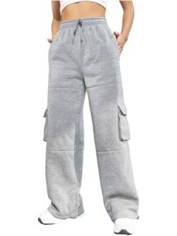 Nuofengkudu Warme Weite Jogginghose Damen Baggy Thermo Gummizug Taschen Gefütterte Fleece Jogger Hosen Sweathose Frauen Sporthose Locker Freizeithose Cargohosen Lässige Sweatpants Hellgrau 2XL von Nuofengkudu