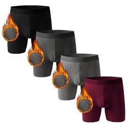 Nuofenkudu Herren Thermo Boxershorts Warm Langes Bein Nahtlose Wärme Unterhose Gummibund Stretch Bulge Wärmende Bequem Unterwäsche Weich Männer Retroshorts B-4 Pack-Schwarz/Grau/Dunkelgrau/Rot 2XL von Nuofengkudu