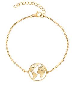 Nuoli® Weltkugel Armband Gold (15 + 5cm verstellbar) Armkette für Frauen & Mädchen, Armband Damen Gold von Nuoli