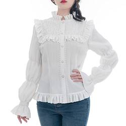 Nuoqi Damen viktorianisches Hemd, Puffärmel, Edwardianische Bluse, Rüschen, viktorianische Bluse, Weiß, Groß von Nuoqi