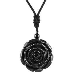 Nupuyai Edelstein Halskette für Damen, Geschnitzt Kristall Heilstein Rose Blume Anhänger mit Kette von Nupuyai