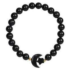 Nupuyai Geschnitzter Mond Stern Kristall Stein Armband für Damen, 8mm Runde Perlen Stretch Armband Glücksbringer von Nupuyai