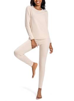 Nutria Thermounterwäsche Damen Set Unterwäsche Innenfleece Thermo Unterwäsche Leichtgewicht Thermooberteil Thermohose Base Layer für Frauen Rundhalsausschnitt Shirt und Hose D03 Beige (1 Set) S von Nutria